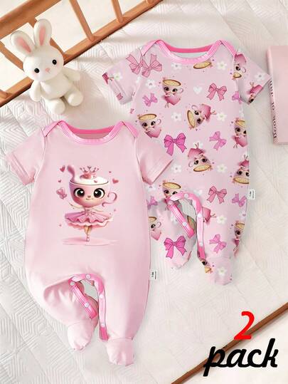 2pcs Baby Girls Pajamas Set, Coffee Girl Print Pattern, Bowknot Contrast Color Collar Design, Knit Short Sleeve Footie Sleepwear