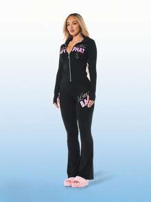 BABYPHAT Zip Up Long Sleeve Jersey Top With Mixed Graphic Text Print And Collared Neckline - Black - View 4