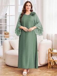 Lacomfia Plus Size Women Solid Color Chiffon Patchwork Modest Casual Dress Fall - Mint Green - View 3
