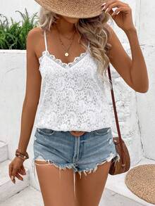 Hotletica Ladies Solid Color Loose Fit Lace Casual Top For Summer For Holiday Party Clothes - White - View 3