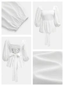 Maija Blusa de mujer con tirantes de lazo y mangas con pétalos sin espalda - Blanco - Ver 2