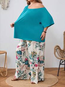SHEIN CURVE+ Bộ đồ 2 mảnh dành cho nữ cỡ lớn, gồm quần in họa tiết ngẫu nhiên và áo kiểu lệch vai màu xanh lá cây, thích hợp cho dịp thường ngày hoặc đi nghỉ mát. - màu xanh lá - Xem 8