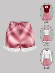 SHEIN MOD Red And White Checkered Print Bow And Lace Trim Shorts – Date, Party, Women's Summer And Spring Wear, Spring Break, Vacation, Picnic, Festival, Birthday - Red and White - View 2