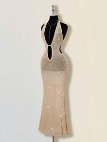 SHEIN ICON Women's Apricot Deep V Rhinestone Sheer Backless Maxi Mermaid Dress, Sexy For Party And Events,Summer Dresses For Women - Nude - View 3