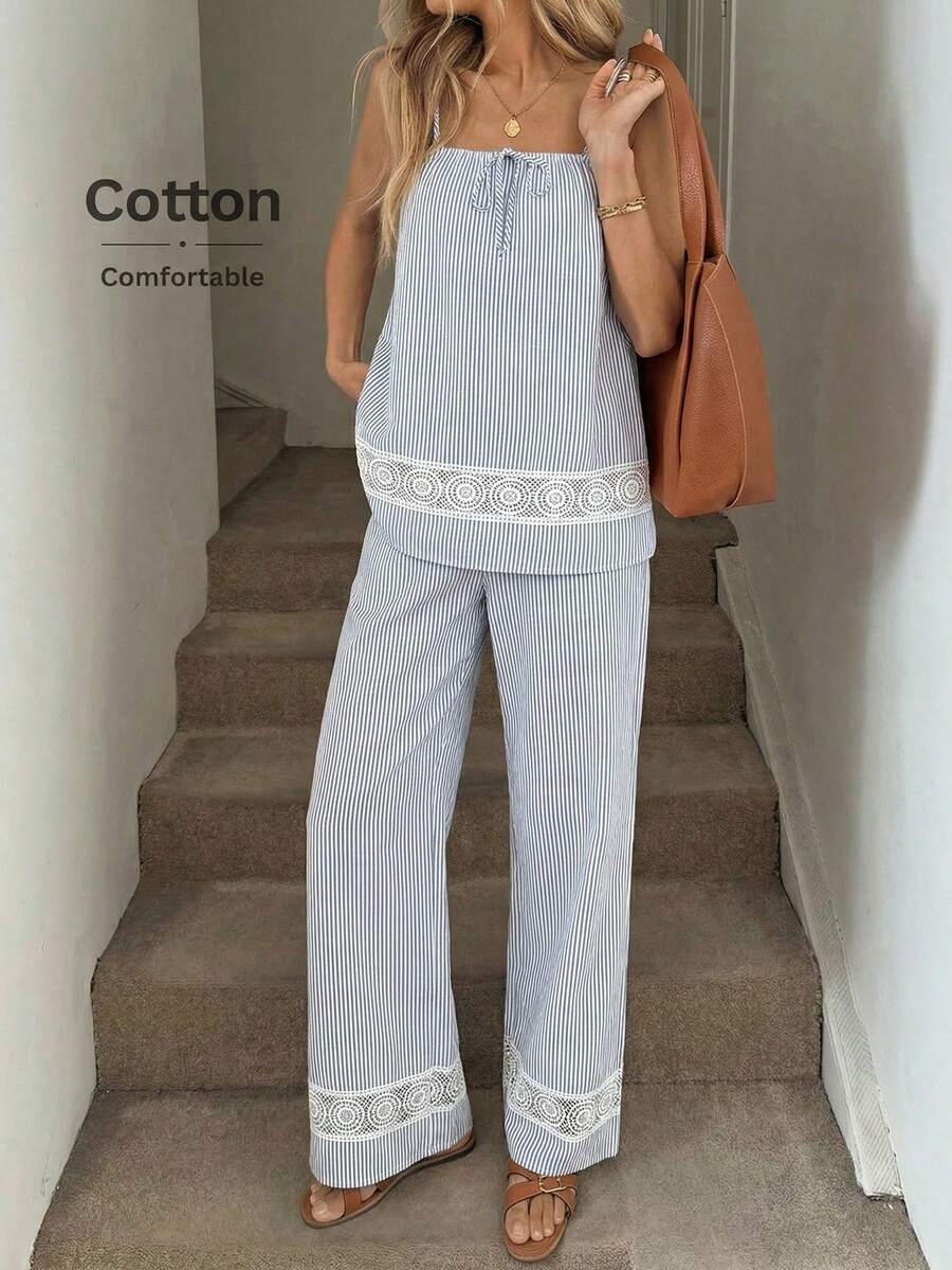 SHEIN LUNE Bộ đồ 2 mảnh dành cho nữ mùa xuân/hè, gồm áo hai dây buộc cổ nơ và quần ống rộng bằng ren kẻ sọc, kiểu dáng thường ngày thanh lịch, phù hợp cho công sở và nghỉ dưỡng (cổ điển). - Nhiều màu - Xem 1