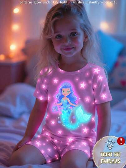 Toddler Girls' Mermaid & Star Print Glow-In-The-Dark Knit Elastic Soft Comfy Round Neck Short Sleeve Top And Shorts 2-Piece Pajama Set