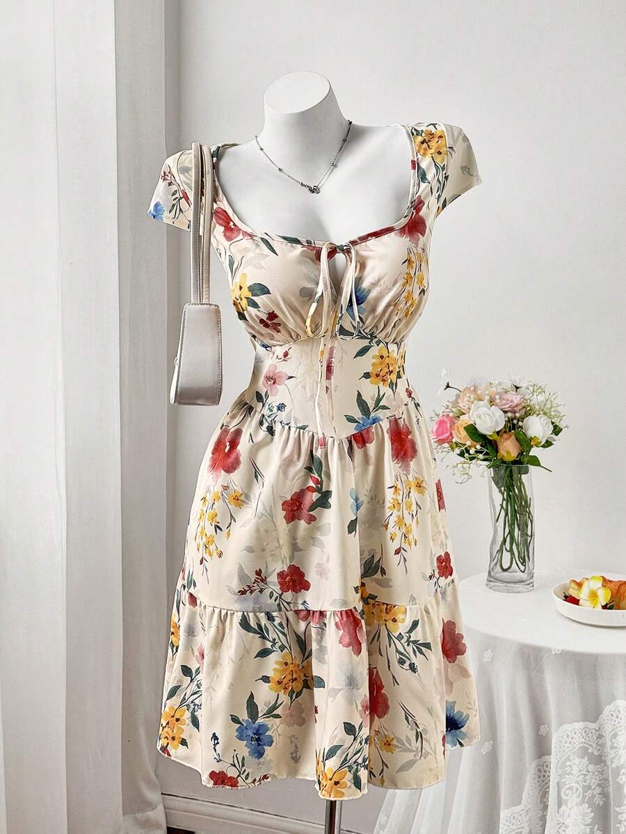 Sweetra Cute Cap Sleeve Fitted Floral Print Cake Dress, Spring/Summer - Apricot - View 1