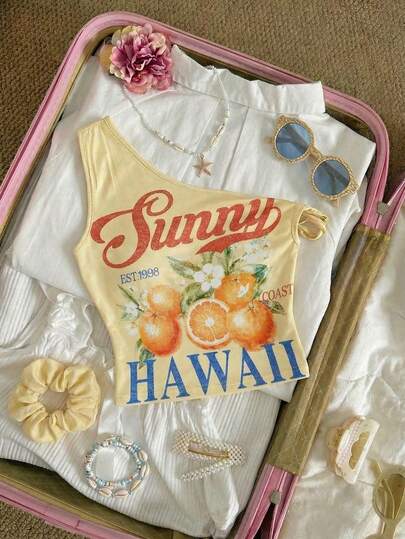 SHEIN MOD 女士字母水果印花修身休闲吊带上衣