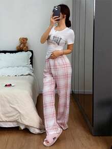 SHEIN Women's Short Sleeve Ribbed Ribbed Letter Print V-Neck Plaid Bubble Crinkle Long Pants Pajama Set - White - View 4