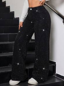 SHEIN Tall CURVE Pantaloni larghi neri con vita alta, decorati con cristalli, adatti per donna curvy, per occasioni casual, feste, matrimoni e compleanni - nero - Visualizzare 4