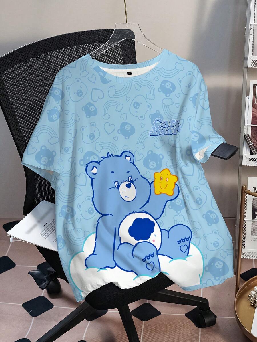 SHEIN X Care Bears 大码女式圆领卡通字母印花休闲百搭日常短袖T恤 - 白色 - 查看 1