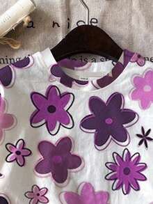 Teen Girl Casual Sweet Colorful Floral Print Set, Lavender, Short Sleeve T-Shirt And Shorts, Suitable For Summer, Vacation, Outdoor Flower Two Piece Girls Teen Flower Tops Flower Top Blouses Girl With Flowers Purple Blouse Teen - Multicolor - View 4