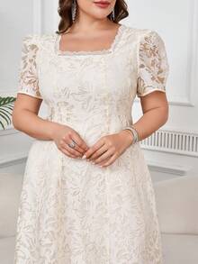 SHEIN Ellevyn Plus Size Women's Square Neck Short Petal Sleeve Elegant Lace Dress - Apricot - View 1