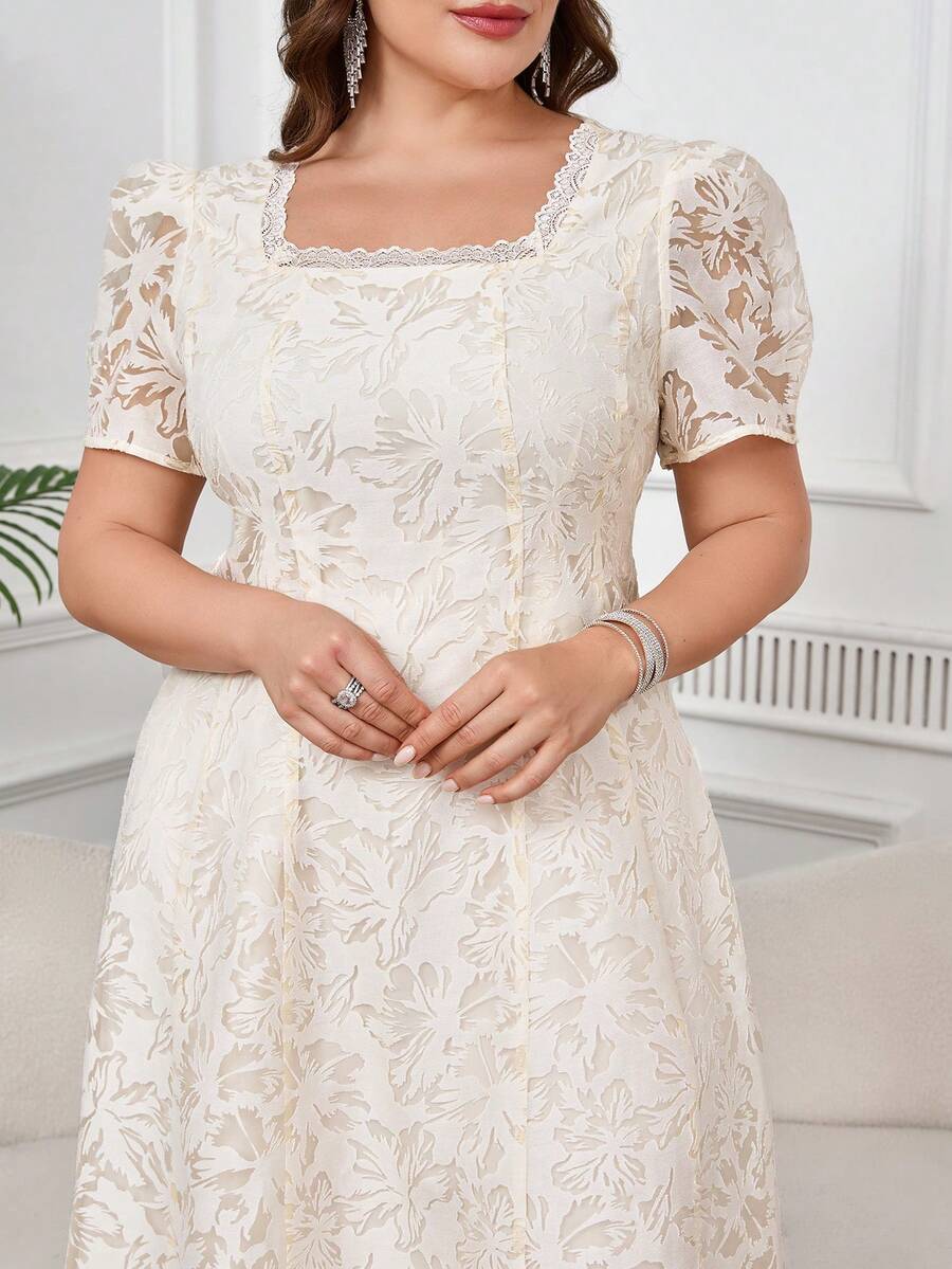 SHEIN Ellevyn Plus Size Women's Square Neck Short Petal Sleeve Elegant Lace Dress - Apricot - View 1