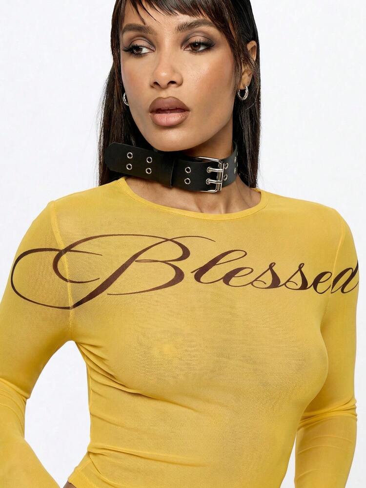 SUMWON WOMEN Bluzka z długim rękawem i nadrukiem, okrągłym dekoltem, dopasowana, prążkowana, swobodna, wyrazista w dotyku