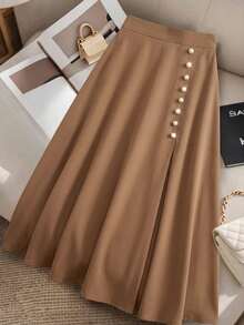 Modelyn Plus Size Women Solid Color Elastic Waist Faux Pearl Decor Casual Skirt - Pale Yellow - View 3