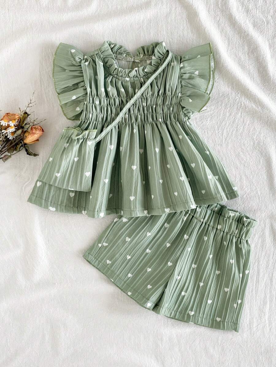 SHEIN Vintaside Kids 女婴可爱休闲波点荷叶边上衣+阔腿裤+包包两件套，适合夏季、居家和户外活动 - 綠色 - 查看 1