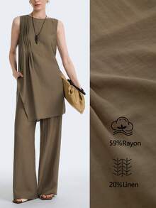 Aalyst Women's Olive Green Summer Effortless Chic Vacation Holiday Linen Blend Sleeveless Pleated Irregular Hem Long Shirt & Wide Leg Pants Two Pieces Set - Army Green - View 1