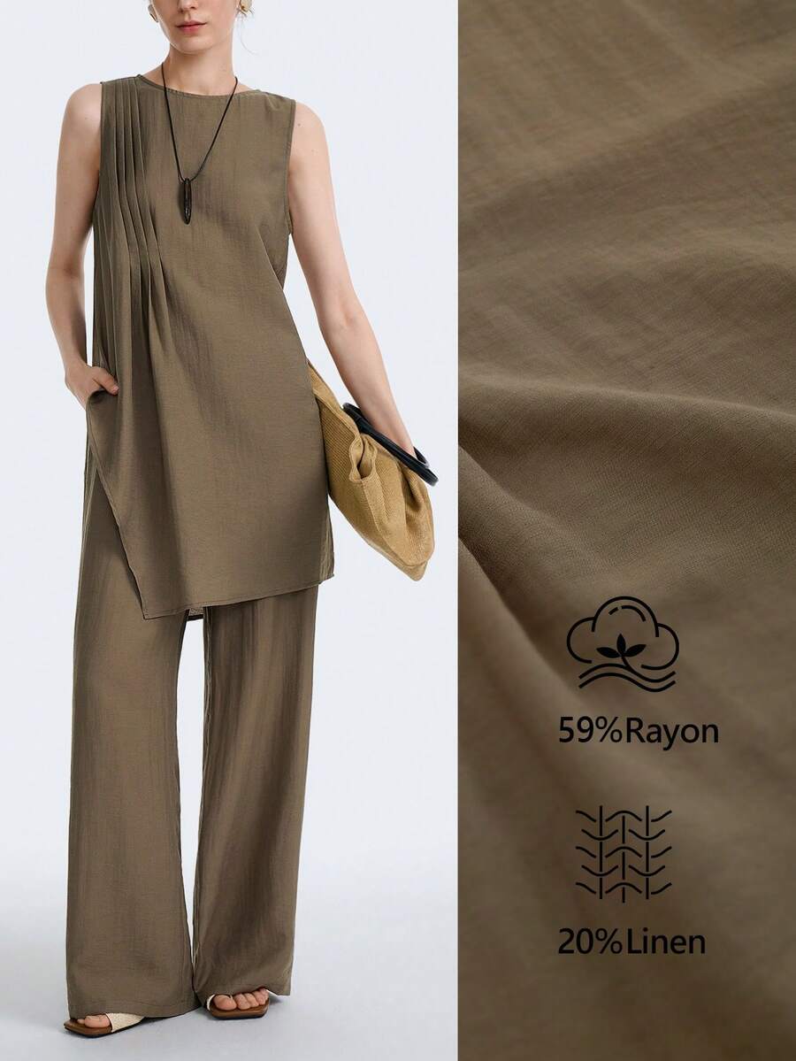 Aalyst Women's Olive Green Summer Effortless Chic Vacation Holiday Linen Blend Sleeveless Pleated Irregular Hem Long Shirt & Wide Leg Pants Two Pieces Set - Army Green - View 1
