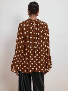 ATUI Studio Women's Brown Polka Dot Long Sleeve Blouse With Wide Ruffled Sleeves & Lace - Elegant Vintage Embroidered Top For Autumn Winter - Brown - View 3