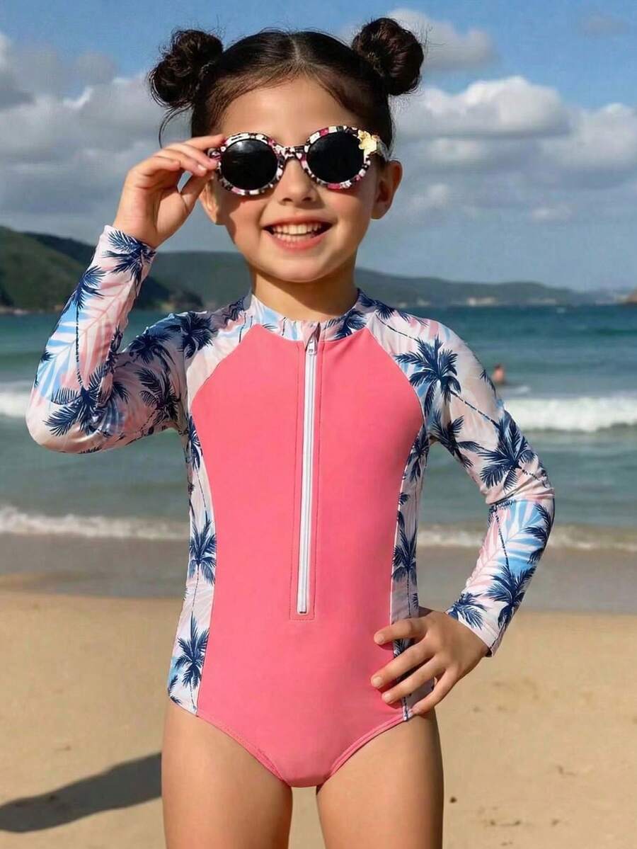 新款时尚女童连体泳衣，长袖拉链前开式三角泳裤 - 彩色 - 查看 1