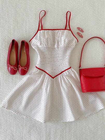 Comfortcana Women's Red Polka Dot Slim Fit A-List Printed Waistband Short Dress, Vacation Style, Summer Outfits For Women  Red Casual Dress