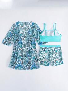 Swim Lushoire 女士三件套泳衣，湖蓝色吊带比基尼上衣、佩斯利印花短裤和沙滩罩衫 - 彩色 - 查看 3
