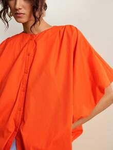 LOTSLUV 女士橙色宽松休闲蝙蝠袖衬衫，春夏款 - 橘色 - 查看 4