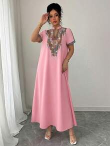 Rafferiza Contrast Color Embroidery Stand Collar Rhinestone Decor Loose Long Dress For Women - Pink - View 5