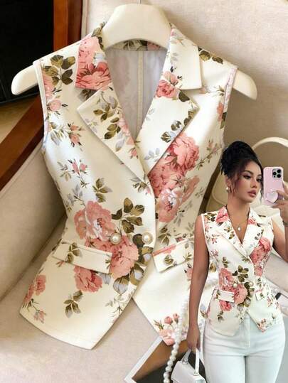 Elenzga 女士优雅通勤印花翻领背心，夏季款