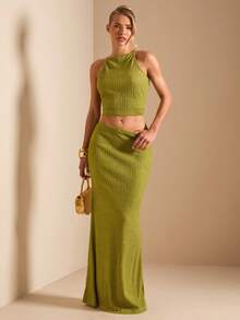 SHEIN BAE Women's Green Cropped Camisole And Mini Skirt Elegant 2 Pieces Set, Spring/Summer - Green - View 3