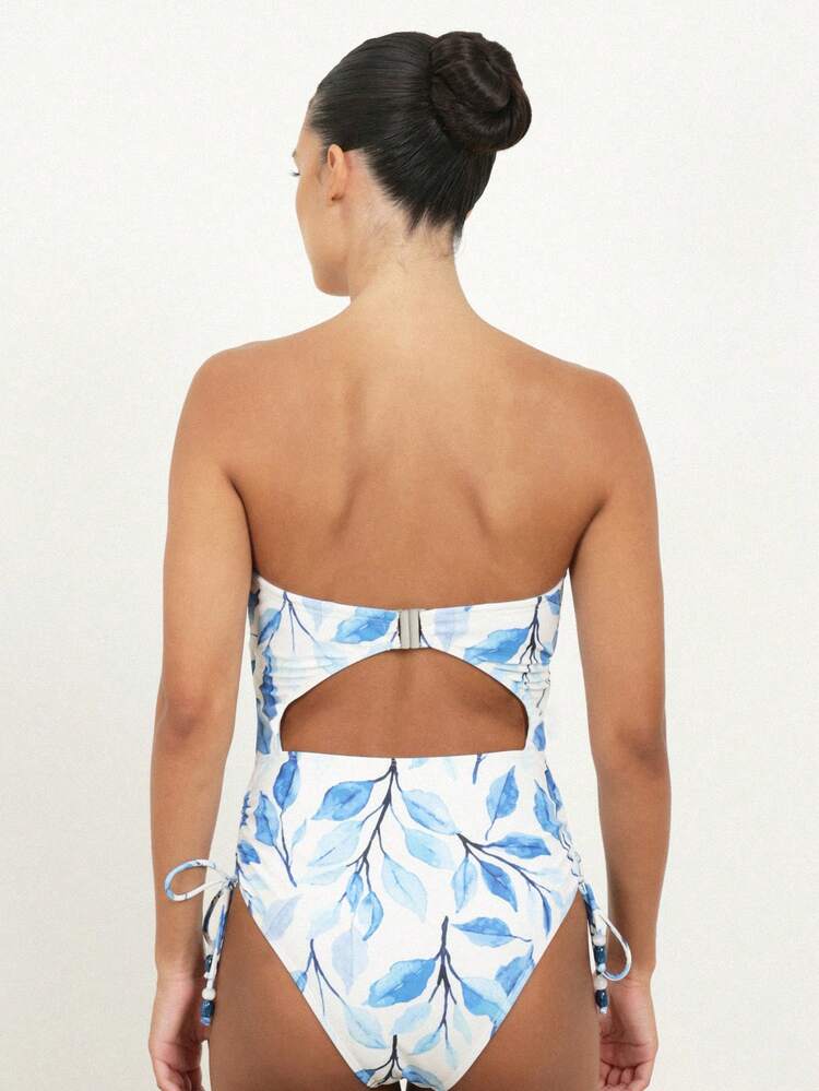 KSTM Women's Strapless One Piece Swimsuit With Blue Leaf Print And Side Tie Details For Beach Vacation Summer Swimming