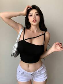DAZY 夏季纯色女式无袖背心，露背设计，带肩带装饰 - 黑色 - 查看 2