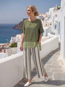 EMERY ROSE 女士圆领短袖休闲宽松衬衫 - 綠色 - 查看 3