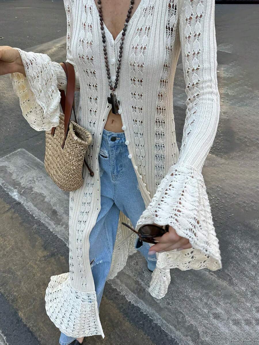 Livesso 女士开襟针织喇叭袖单排扣长款开衫，时尚海滩度假风，春夏秋季 - 白色 - 查看 1