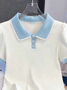 Resyla Áo thun nữ tay ngắn cổ polo phối màu tương phản họa tiết hoa - trắng - Xem 3