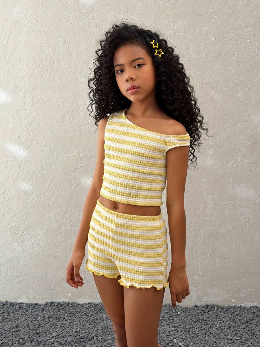 Coolane Kids 青少年女孩 2件組/套 假日條紋針織不對稱肩修身上衣與超低腰緊身短褲 - 黃色 - 查看 1