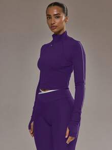 Musera Sport Zip Through Stripe Detail Cropped BBL Jacket Only Padel Autumn Fall Activewear Sport Gym Workout Yoga Pilates Fitness Daily Casual - Violet Purple - View 3