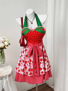 Sweetra Vestido de sirvienta lindo con parches de cuadros rojos y verdes en talla grande - Multicolor - Ver 1