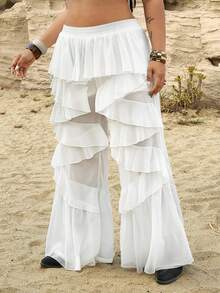 Rustia Plus Size Women's Solid Color Romantic Ruffle Hem Wide Leg Pants - Apricot - View 4