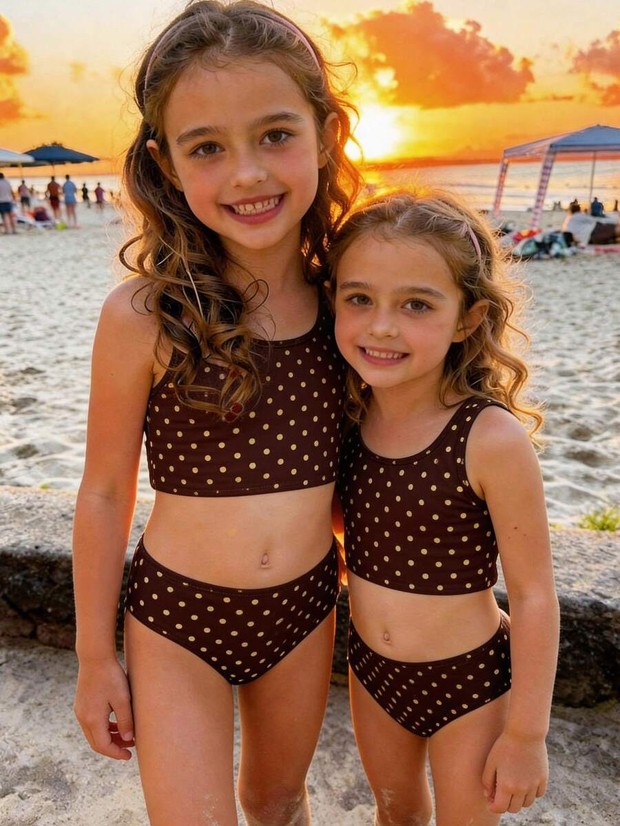 SHEIN Retro Polka Dot Print Pattern, Ins Style, Young Girl Casual Minimalist Tankini Swimsuit Set, Suitable For Summer - Multicolor - View 1