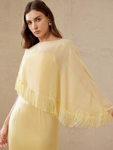 BELROSIE Elegant Women's Satin Slip Dress With Chiffon Fringe Hem Shawl, Luxury Design For Dates, Two Pieces Set - Beige - View 1