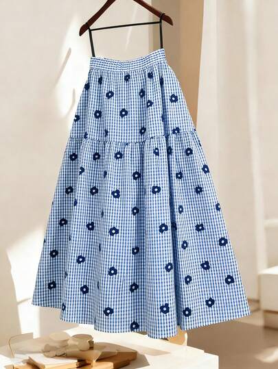 GlowEve CURVE Plus Size Women's Blue Plaid Floral Print Flared Skirt, French Casual Vacation Daily Commute Date A-Line Skirt