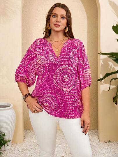 EMERY ROSE Plus Size Women Floral Pattern Lantern Sleeve Vacation Shirt, Spring/Summer