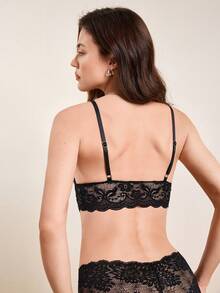 1 Set Of Women's Lace Bra Set, Featuring Skin-Tone Sheer Tulle Paired With Black Piped Lace. It Boasts A Unique Design And Exudes A Strong Sense Of Sexiness. - Black - View 2
