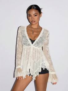 SHEIN ICON 女士优雅性感纯色蕾丝拼接不对称下摆上衣 - 米色 - 查看 3