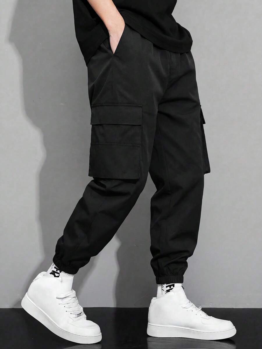 Teen Boy Solid Color Cargo Pants With Multiple Pockets And Ankle Cuffs - Black - View 1