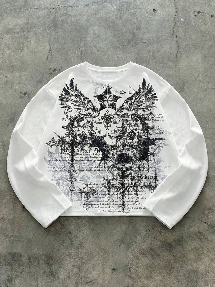 AXEPEAK Men's Casual Skull & Slogan Print Long Sleeve T-Shirt, Autumn Mens White Long Sleeve Graphic Shirt White Graphic Shirt Men White Long Sleeve Graphic Tee Gothic Long Sleeve Shirt Men Skull Graphic Long Sleeve Shirt Goth Men Long Sleeve White Graffiti Shirt Mens Long Sleeve Shirt Graphic - White - View 1