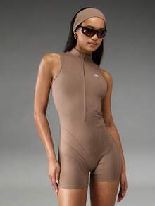 Normani Women's Letter Print Zip-Up Half-Placket Sleeveless Casual Romper Gym Shades Of Brown Summer - Brown - View 4
