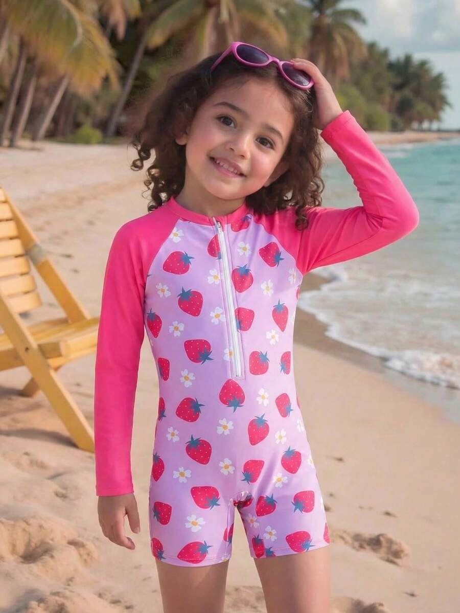 SHEIN Bộ đồ bơi liền thân in họa tiết dâu tây phong cách mới cho bé gái - Nhiều màu - Xem 1